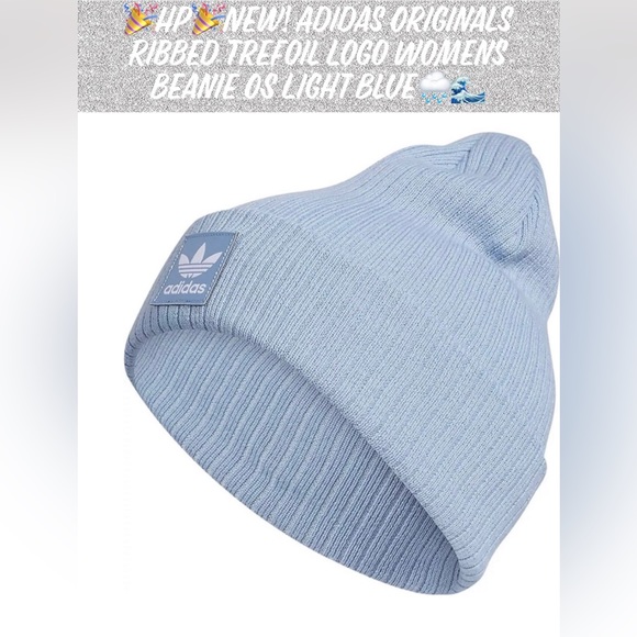 🎉HP🎉New! Adidas Originals Ribbed Trefoil Logo Womens Beanie OS Light Blue🌧🌊 - Picture 8 of 8